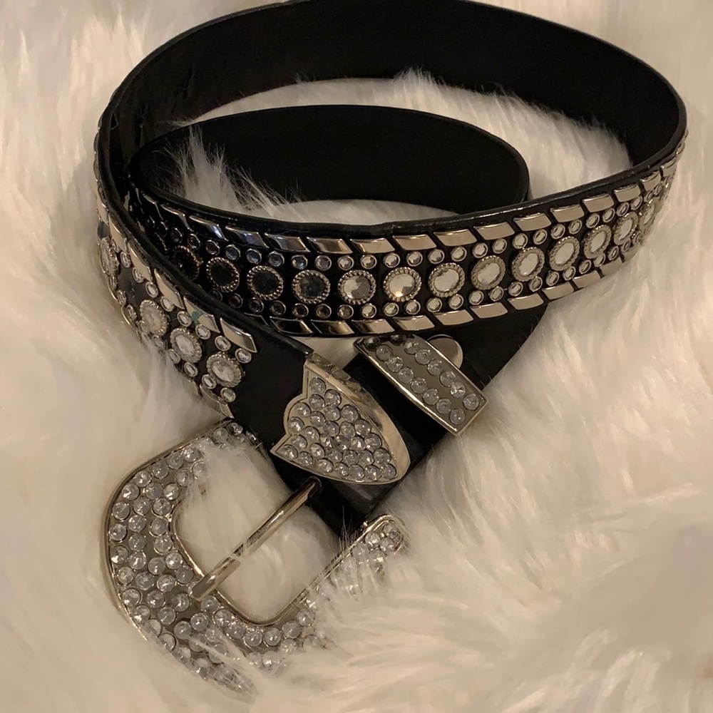 Stunning Black Leather Studded Rhinestone Belt.